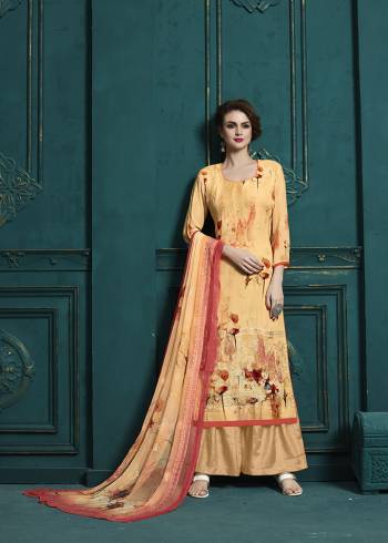 Celebrate This Festive Season With Beauty And Comfort Wearing This Designer Digital Printed Straight Cut Suit In All Over Light Orange Color. Its Top and Dupatta are Georgette Based Beautified With Resham Work Paired With Santoon Fabricated Bottom. Buy This Semi-Stitched Suit Now.