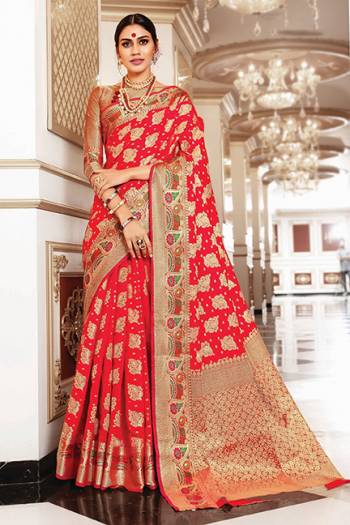 Celebrate This Festive Season With Beauty And Comfort In This Light Weight Silk Based Saree In Red Color. This Pretty Weaved Saree And Blouse Are Fabricated On Art Silk Which Gives A Rich Look To Your Personality.