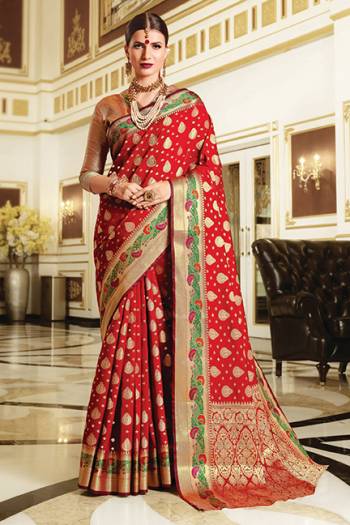 Celebrate This Festive Season With Beauty And Comfort In This Light Weight Silk Based Saree In Red Color. This Pretty Weaved Saree And Blouse Are Fabricated On Art Silk Which Gives A Rich Look To Your Personality.