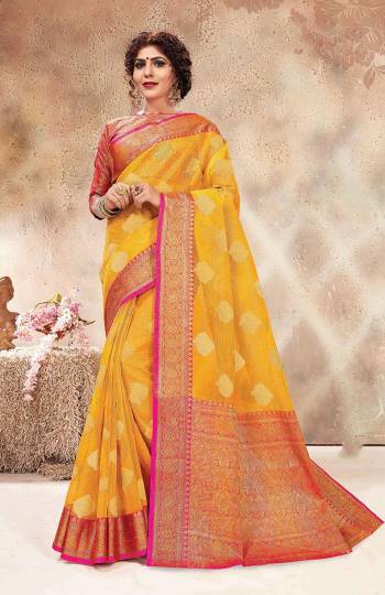 Rich And Elegant Looking Silk Based Saree Is Here In Musturd Yellow Color Paired With Contrasting Rani Pink Colored Blouse. This Saree Is Chanderi Silk Based Paired With Jacquard Silk Fabricated Blouse. Both The Fabric Are light Weight, Durable And Easy To Care For.