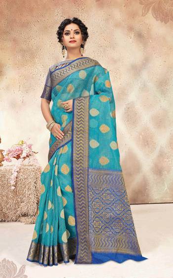 Here Is A Very Pretty Saree Suitable For The Upcoming Festive and Wedding Season In Sky Blue Color Paired With Blue Colored Blouse. This Saree Is Fabricated On Chanderi Silk Paired With Jacquard Silk Fabricated Blouse. 