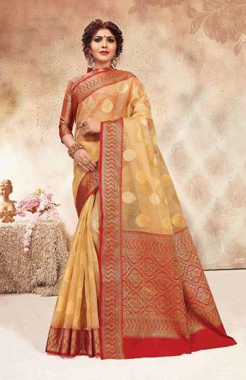 Celebrate This Festive Season In This Rich Silk Based Saree In Cream Color Paired With Contrasting Red Colored Blouse. This Saree Is Fabricated On Chanderi Silk Paired With Jacquard Silk Fabricated Blouse. 