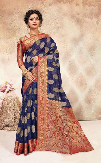 Rich And Elegant Looking Silk Based Saree Is Here In Royal Blue Color Paired With Contrasting Red Colored Blouse. This Saree Is Chanderi Silk Based Paired With Jacquard Silk Fabricated Blouse. Both The Fabric Are light Weight, Durable And Easy To Care For.