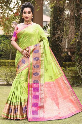 Here Is A Rich Silk Based Saree In Light Green Color. This Pretty Saree?And Blouse Are Fabricated On Art Silk Beautified With Detailed Weave All Over It. Buy This Saree For Upcoming Festive And Wedding Season.