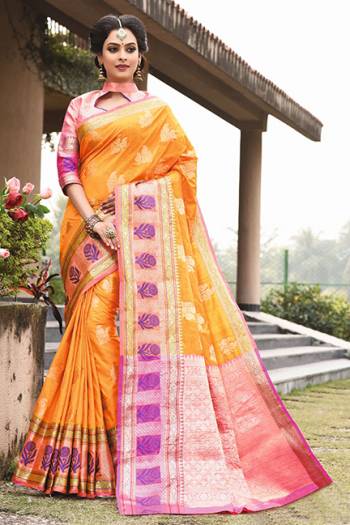 Here Is A Rich Silk Based Saree In Orange Color. This Pretty Saree?And Blouse Are Fabricated On Art Silk Beautified With Detailed Weave All Over It. Buy This Saree For Upcoming Festive And Wedding Season.