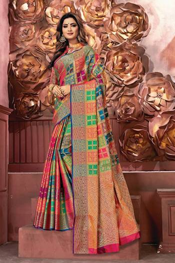 Go Colorful With This Designer Silk Based Saree In Multi Color. This Saree And Blouse Are Fabricated On Art Silk Beautified With Multi Colored Checks And Heavy Weave All Over. Buy Now.