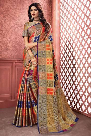 Go Colorful With This Designer Silk Based Saree In Multi Color. This Saree And Blouse Are Fabricated On Art Silk Beautified With Multi Colored Checks And Heavy Weave All Over. Buy Now.