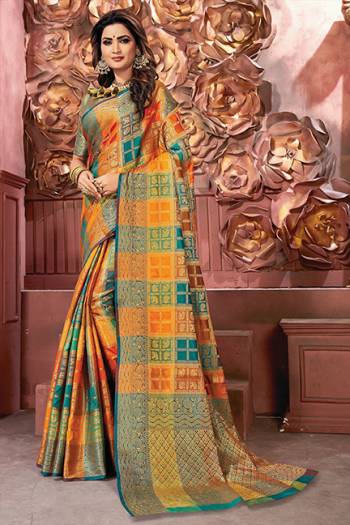 Go Colorful With This Designer Silk Based Saree In Multi Color. This Saree And Blouse Are Fabricated On Art Silk Beautified With Multi Colored Checks And Heavy Weave All Over. Buy Now.