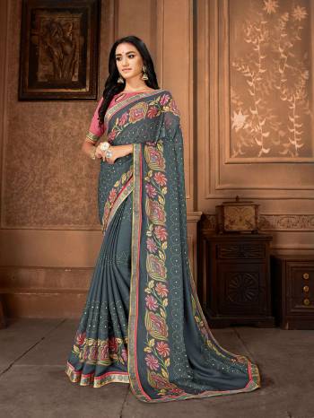 Flaunt Your Rich and Elegant Taste Wearing This Designer Pretty Saree In Rich Grey Color Paired With Contrasting Pink Colored Blouse. This Saree Is Fabricated On Georgette Paired With Art Silk Fabricated Blouse. Buy Now.