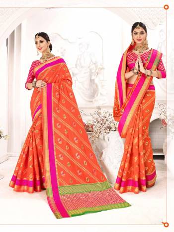 Celebrate This Festive Season In A Proper Traditional Look With This Silk Based Weaved Saree In Orange Color Paired With Contrasting Rani Pink Colored Blouse. Buy This Lovely Piece Now.