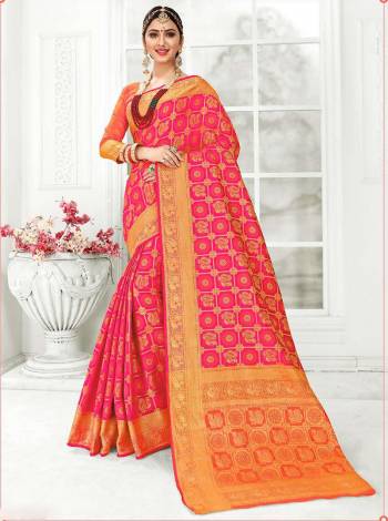 Here Is A Rich Designer Heavy Weaved Saree In Rani Pink Color Paired With Contrasting Orange Colored Blouse. This Saree And Blouse Are Silk Based Which Is Durable, Light Weight And Easy To Care For.