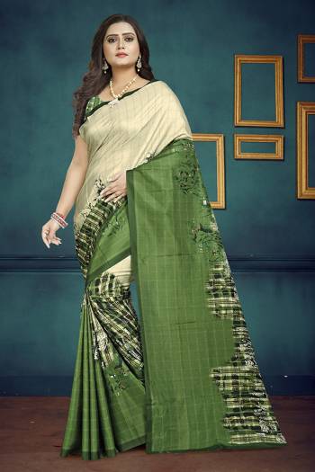 Grab This Beautiful Digital Printed Designer Saree In Cream & Green Color Paired With Green Colored Blouse. This Saree And Blouse Are Fabricated On Soft Silk. It Is Light In Weight, Soft Towards Skin And Easy To Carry All Day Long. 