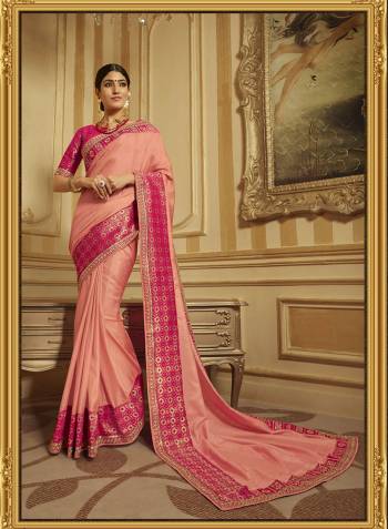 Look Pretty In This Designer Saree In Peach Color Paired With Pink Colored Blouse. This Beautiful Saree Is Fabricated On Art Silk And Jacquard Silk Paired With Jacquard Silk Fabricated Blouse. Both Its Fabrics Gives A Rich Look To Your Personality. 