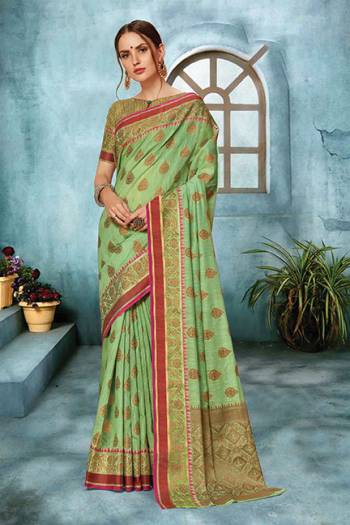 Simple and Elegant Looking Saree Is Here In Light Green Color For The Upcoming Festive And Wedding Season. This Saree Is Fabricated On Cotton Art Silk Based Paired With Jacquard Silk Fabricated Blouse. Buy This Saree Now.