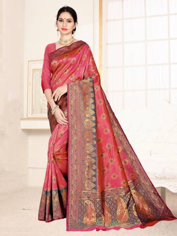 Grab This Designer Silk Based Saree In Dark Pink Color Paired With Dark Pink Colored Blouse. This Saree And Blouse Are Fabricated On Banarasi Art Silk Beautified With Weave All Over. Buy Now.