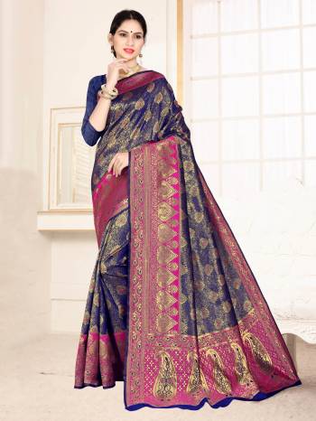 Grab This Designer Silk Based Saree In Navy Blue Color Paired With Dark Pink Colored Blouse. This Saree And Blouse Are Fabricated On Banarasi Art Silk Beautified With Weave All Over. Buy Now.