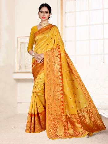 Grab This Designer Silk Based Saree In Musturd Yellow Color Paired With Dark Pink Colored Blouse. This Saree And Blouse Are Fabricated On Banarasi Art Silk Beautified With Weave All Over. Buy Now.