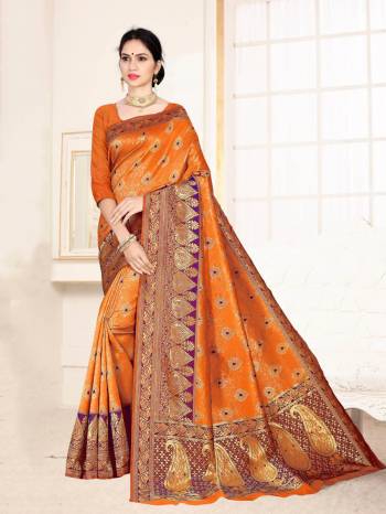 Grab This Designer Silk Based Saree In Orange Color Paired With Dark Pink Colored Blouse. This Saree And Blouse Are Fabricated On Banarasi Art Silk Beautified With Weave All Over. Buy Now.