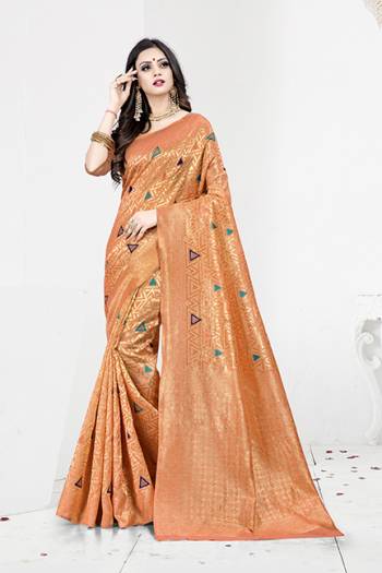 Shine Bright In This Designer Silk Based Saree In Orange Color Paired With Orange Colored Blouse. This Saree Is Fabricated On Weaving Silk Paired With Art Silk Fabricated Blouse. It Has Rich Fabric Beautified With Detailed Weave All Over. Buy Now.