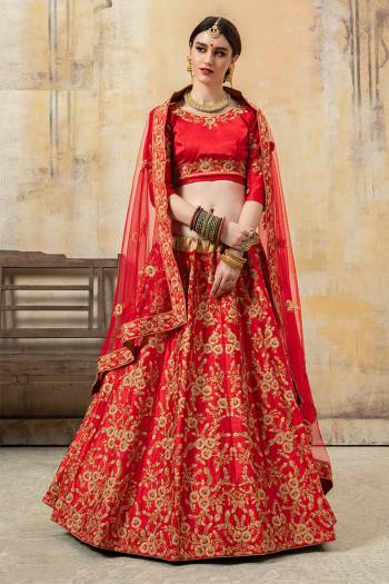 Heavy Embroidered Designer Lehenga Choli IS Here In All Over Red Color. Its Pretty Embroidered Blouse And Lehenga Are Satin Based Paired With Net Fabricated Dupatta. 