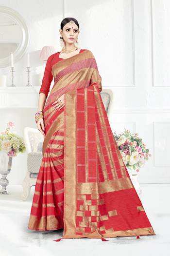 Grab This Pretty Geometric Patterned Saree In Red Color Paired With Red Colored Blouse. This Saree Is Fabricated On Weaving Silk Paired With Art Silk Fabricated Blouse. This Pretty Saree Is Light Weight, Durable And Easy To Care For.