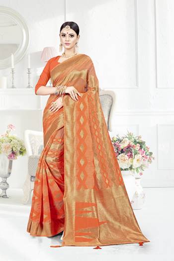 Grab This Pretty Geometric Patterned Saree In Orange Color Paired With Orange Colored Blouse. This Saree Is Fabricated On Weaving Silk Paired With Art Silk Fabricated Blouse. This Pretty Saree Is Light Weight, Durable And Easy To Care For.