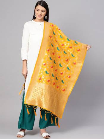 Enhance Your Look of gown and lehenga choli Or A Simple Kurti With Latest Trends Of Banarasi Dupatta Beautified With Attractive Weave All Over. You Can Pair This Up With Any Kind Of Ethnic Attire And In Same Or Contrasting Colored Attire.