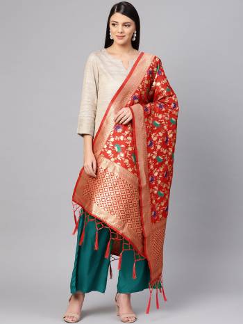 Enhance Your Look of gown and lehenga choli Or A Simple Kurti With Latest Trends Of Banarasi Dupatta Beautified With Attractive Weave All Over. You Can Pair This Up With Any Kind Of Ethnic Attire And In Same Or Contrasting Colored Attire.