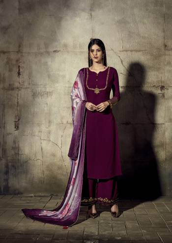 Grab This Very Beautiful Designer Readymade Straight Suit In Wine Color Paired With Mauve Colored Dupatta. This Pretty Suit Is Georgette Based Paired With Chinon Fabricated Dupatta. 