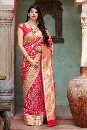 Here Is A Very Beautiful And Attractive Looking Designer Saree. This Pretty Saree And Blouse Are Silk Based Beautified With Weave All over. Buy Now.