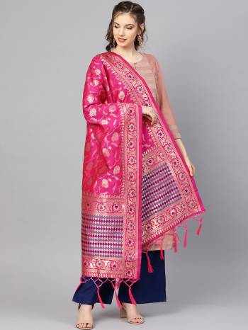 For A Proper Traditional Look, Pair Up Your Simple Attire With This Trendy Banarasi Art Silk Fabricated Dupatta. It Is Beautified With Weave All Over. Also It Is Light In Weight And Easy To Carry All Day Long