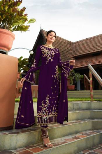 Grab This Very Beautiful Heavy Designer Straight Cut Suit In Purple Color. Its Pretty Embroidered Top And Dupatta Are Fabricated On Georgette Paired With Embroidered Santoon Fabricated Bottom. Buy This Lovely Suit Now.