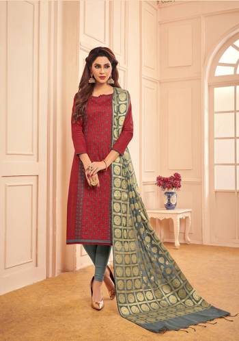 Look Beautiful In This Deigner Straight Suit In Maroon Color Paired With Contrasting Grey Colored Bottom And Dupatta. Its Top And Bottom Are Cotton Based Paired With Banarasi Silk Weaved Dupatta. Buy This Dress material And Get This Stitched As Per Your Desired Fit And Comfort. 