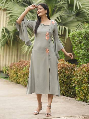 Add This Lovely Shade To Youe Wardrobe In Teal Grey Colored Readymade Designer Kurti. This Pretty Patterned Kurti Is Fabricated On Rayon Beautified With Thread Embroidery. 