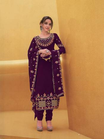 Shine Bright In This Heavy Designer Straight Cut Suit In Dark Purple Color. This Pretty Heavy Embroidered Top And Dupatta Are Fabricated on Georgette Paired With Santoon Bottom Fabricated Bottom. Buy This Suit Now.