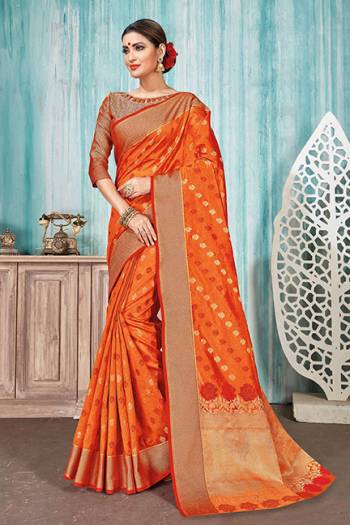 Celebrate This Festive Season With Beauty And Comfort In This Silk Based Orange Colored Saree Paired With Red Colored Blouse. This Saree Is Fabricated On Art Silk Paired With Jacquard Silk Fabricated Blouse. Buy Now.