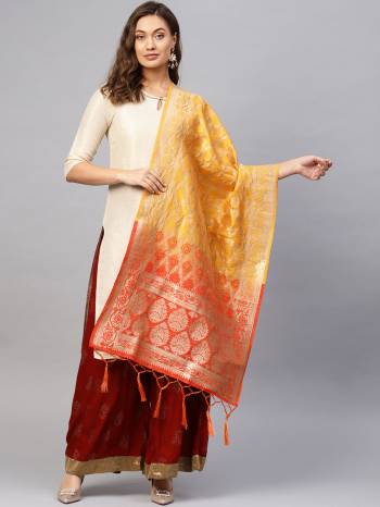 Enhance Your Look of gown and lehenga choli Or A Simple Kurti With Latest Trends Of Banarasi Dupatta Beautified With Attractive Weave All Over. You Can Pair This Up With Any Kind Of Ethnic Attire And In Same Or Contrasting Colored Attire