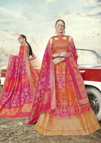 Go With Pretty Shades Wearing This Heavy Weaved Designer?Lehenga Choli In Orange And Pink Color Paired With Rani Pink Colored Dupatta. Its Blouse Is Fabricated On Banarasi Art Silk Paired With Banarasi Jacquard Silk Lehenga And Dupatta