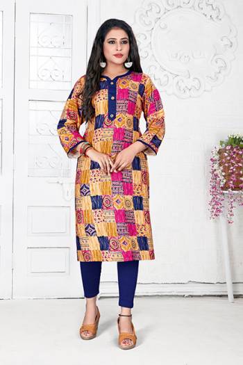 For Your Casual Wear, Grab This Readymade Simple Kurti In Multi Color Fabricated On Rayon. It Is Beautified With Prints All Over.