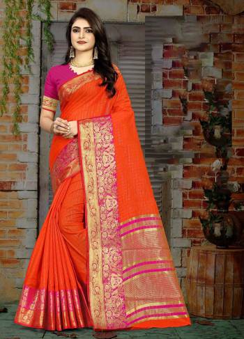 Look festival ready and perfect In that traditional look Wearing this beautiful Orange Colored checkered saree. Adorn with stylish jhumkis to complete the look.?