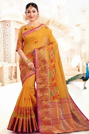 Celebrate This Festive Season With Beauty And Comfort Wearing This Designer Silk Based Saree In Musturd Yellow Color Paired With Musturd Yellow Colored Blouse. This Saree And Blouse Are Beautified With Weave Giving It An Attractive Look.