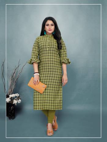 For Your Casual Or Semi-Casual Wear, Grab This Readymade Kurti In Green Color Fabricated On Cotton. It Is Beautified With Checks Prints All Over With An Attractive Frill Pattern Sleeve. Pair This Up Same Or Black Colored Leggings, Plazzo Or Pants. Buy Now.