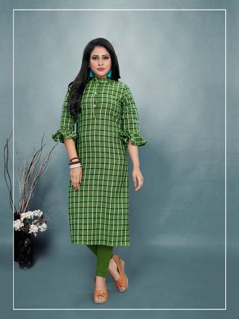 For Your Casual Or Semi-Casual Wear, Grab This Readymade Kurti In Green Color Fabricated On Cotton. It Is Beautified With Checks Prints All Over With An Attractive Frill Pattern Sleeve. Pair This Up Same Or Black Colored Leggings, Plazzo Or Pants. Buy Now.