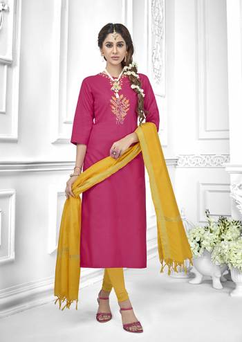 Celebrate This Festive Season With Beauty And Comfort Wearing This Designer Suit In Dark Pink Colored Top Paired With Yellow Colored Bottom And Dupatta. This Dress Material Is Cotton Based Paired With Chanderi Fabricated Dupatta. 