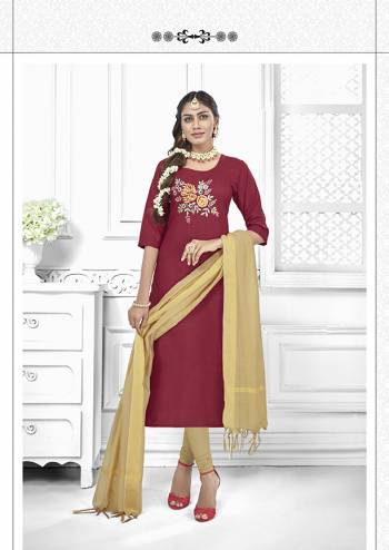 Here Is Very beautiful Dress Material In Maroon Color Paired With Cream Colored Bottom and Dupatta. Its Top And Bottom are Cotton based Paired With Chanderi Fabricated Dupatta. Get This Stitched As Per Your Desired Fit And Comfort. 