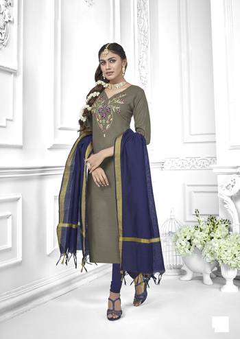 Flaunt Your Rich And Elegant Taste In This Lovely Color Pallete Designer Suit In Grey Colored Top Paired With Navy Blue Colored Bottom And Dupatta. This Dress Material Is Cotton Based Paired With Chanderi Fabricated Dupatta. 