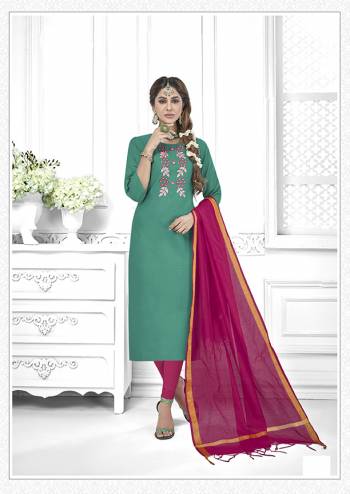 If Those Readymade Suit Does Not Lend You The Desired Comfort Than Grab This Designer Dress Material And Get This Stitched As Per Your Desired Fit And Comfort, Its Top Is In Sea Green Color Paired With Contrasting Dark Pink Colored Bottom And Dupatta. 