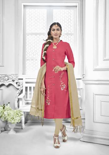 Celebrate This Festive Season With Beauty And Comfort Wearing This Designer Suit In Old Rose Pink Colored Top Paired With Cream Colored Bottom And Dupatta. This Dress Material Is Cotton Based Paired With Chanderi Fabricated Dupatta. 