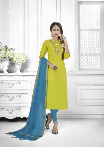 Flaunt Your Rich And Elegant Taste In This Lovely Color Pallete Designer Suit In Pear Green Colored Top Paired With Blue Colored Bottom And Dupatta. This Dress Material Is Cotton Based Paired With Chanderi Fabricated Dupatta. 