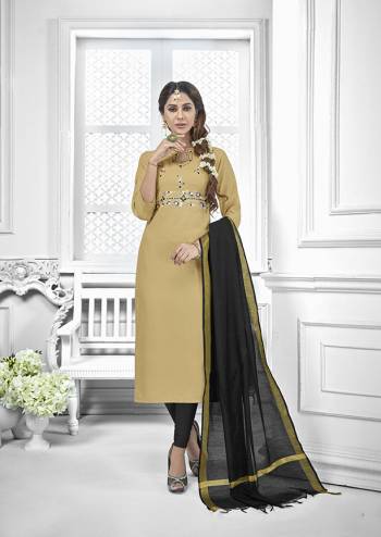 Celebrate This Festive Season With Beauty And Comfort Wearing This Designer Suit In Beige Colored Top Paired With Black Colored Bottom And Dupatta. This Dress Material Is Cotton Based Paired With Chanderi Fabricated Dupatta. 